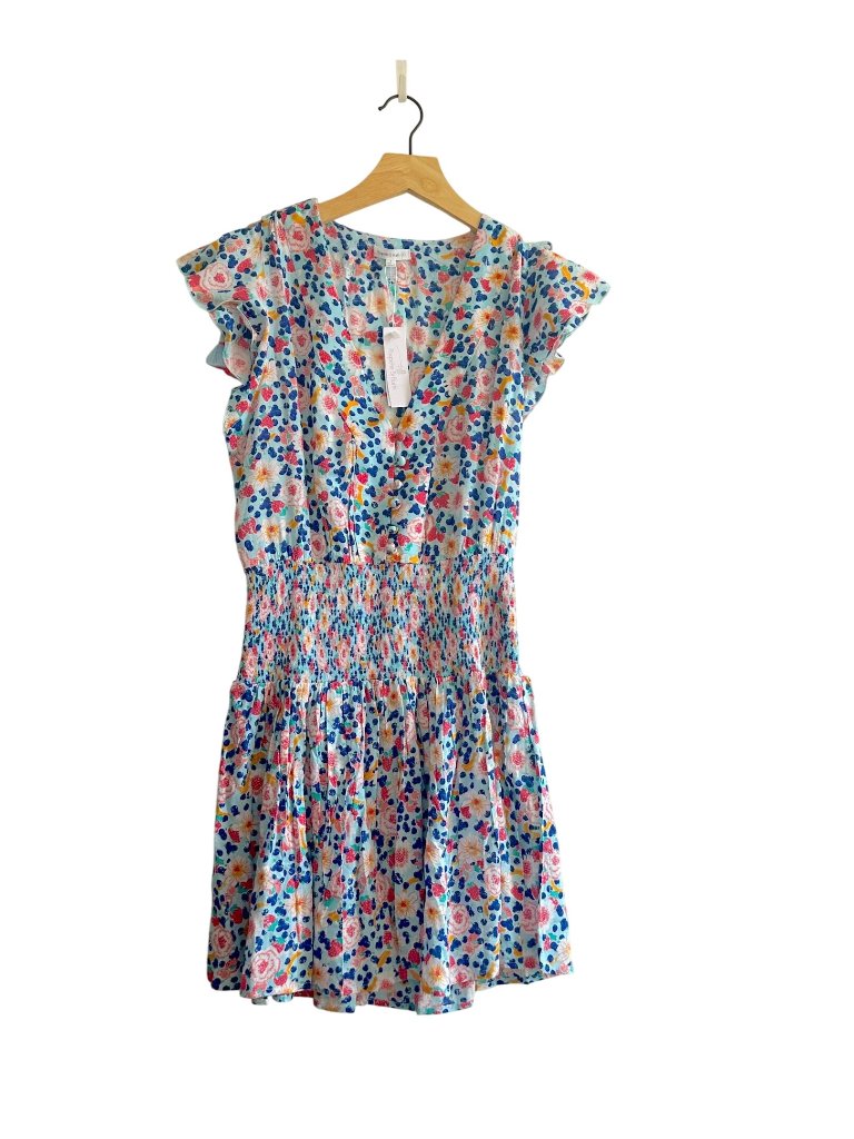 Poupette St Barth Mini Dress Rachel Smocked, Size S , Blue Fruit Flower, Nwt.